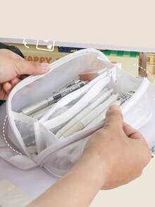 1 件返校季透明网状笔袋，大容量多层分类收纳学生铅笔盒，适用于校园桌面铅笔、橡皮擦、尺子等文具收纳袋，方便手持文具盒，多功能化妆品收纳袋，返校，学校用品，铅笔盒，铅笔袋，书包 - 彩色 - 查看 8