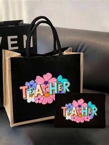 2 件教师答谢礼物套装 - 大容量时尚手提包，印有“老师”图案，黑色亚麻零钱包，化妆包，带衬里，无封口 - 非常适合教育工作者和学校工作人员，教师答谢礼物，时尚休闲配饰，适合外出、度假、日常通勤