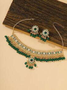 Set de 3 piezas de joyería estilo bohemio con Brillo y Gracia: Collar, pendientes de flor con strass y colgante con cuentas y borlas, y gargantilla; adecuado para bodas, banquetes, fiestas, uso diario y como regalo de joyería de vacaciones para chicas