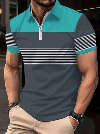Men's Color Blocked Striped Short Sleeve Lapel Golf Shirts, Casual Style Slight Stretch Regular Fit Summer Tops, Summer Golf Shirts