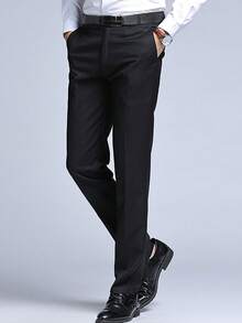Pantalones rectos de verano para hombre, pantalones formales de negocios de corte slim en color negro, pantalones casuales para primavera y otoño - Negro - Ver 2