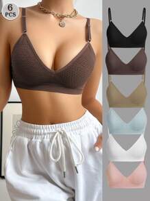 6pcs Multicolor Women's Bras With Hook Closure & Wire-Free Comfortable Unlined Seamless Bras With Adjustable Straps