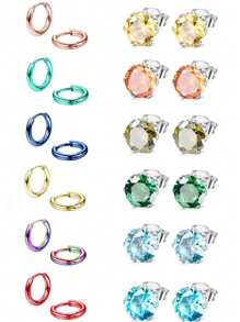 24pcs Hypoallergenic Stud Earrings For Women And Men, Surgical Stainless Steel Birthstone Earrings, Stud Earrings, Colored Square Crystal Zirconia Earrings Set, Small Stud Earrings For Women, Suitable For Sensitive Ears