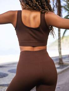 Fitness Set In Ribbed, Full-Bodied Polyamide - Top And Leggings - High Compression - Cà phê nâu - Xem 4