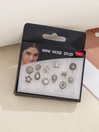 12 Stücke antik-silberne Nasenklemmen, Nasenringe in verschiedenen Formen, nicht perforiert, geeignet für den täglichen Gebrauch von Frauen, Mädchen Party Accessoires, Geschenkschmuckset