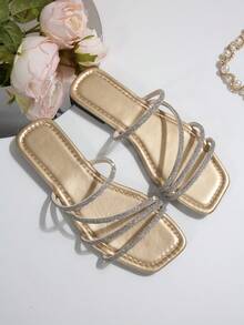Wide Fit Women's Thin Strap Rhinestone Sandals Summer Square Toe Flat Slide Sandals Fashion Outdoor Wear - Gold - View 2