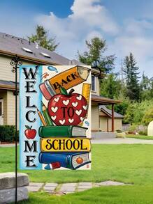 1pc Vivid "Back To School" Garden Flag - Colorful School Theme Design With Book, Pencil, And Apple Patterns, Durable Linen Material, Perfect For School Theme Decoration, Outdoor Courtyard Decoration, Porch, Yard, Backyard Decoration | Festival Flag Design | Waterproof Flag, Outdoor Garden Flag | Back To School Season Decoration, Excluding Flagpoles