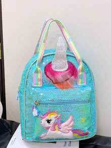 1 Pc New Sequined Material Cute Cartoon Pony Solid Color Girl Backpack, Can Be Carried On One Shoulder, Smooth Zipper Opening And Closing, Sweet And Exquisite, Elegant And Stylish, Suitable For School, Travel, Outdoor Shopping - A - View 4