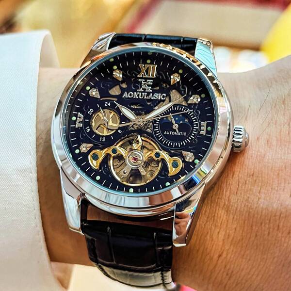 Hollow Tourbillon Luxury Men's Automatic Mechanical Watch With Pointer, 24 Hour Day/Date/Moon Phase Display, Luminous, Premium Mechanical Wristwatch For Men