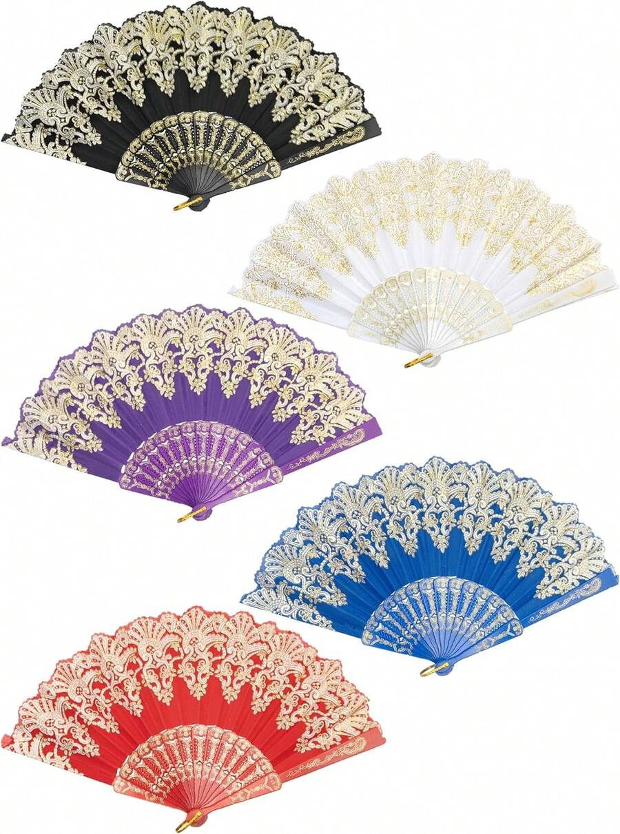 Handheld Chinese Folding Fan Hand Fans For Women Foldable Bulk For Party Wedding Church Dancing (5 Mixed Colors) - متعدد الألوان - مشاهدة 1