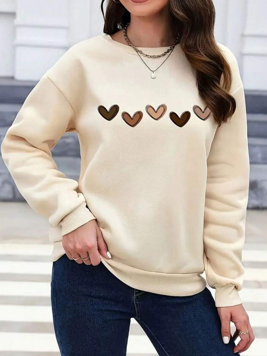 Moletom feminino Gola redonda flanelado confortavél estampa corações casual moda feminina - Caqui - Visão 1