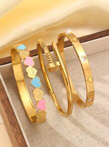 3pcs/Set 18k Gold Plated Stainless Steel 5-Flower Design Bangle Bracelet For Women, Summer Fashion , CZ Decorated, Waterproof & Fade Resistant, Suitable For Daily Wear, Parties And Gifts For Female Relatives & Friends