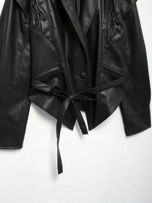 女士秋冬新款欧美风皮带皮夹克 - 黑色 - 查看 5