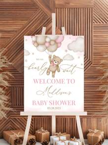 1 pieza - Cartel de bienvenida personalizado con globo de oso marrón para baby shower - Cartel de bienvenida de cumpleaños de oso rosa, decoración de fiesta rosa, plantilla de logotipo de bienvenida de cumpleaños impresa en lienzo, decoración de baby shower de oso rosa, póster personalizado, póster para exteriores - Póster de lienzo personalizado, plantilla de logotipo de bienvenida de cumpleaños, actividades artísticas para niños