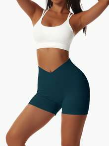 Solid Ribbed V-Waist Scrunch Butt Lifting Yoga Shorts - Seamless High Stretch Tummy Control Workout Biker Shorts For Summer Fitness,Athletic Gym Booty Shorts For Sports & Activewear - 墨綠色 - 查看 7