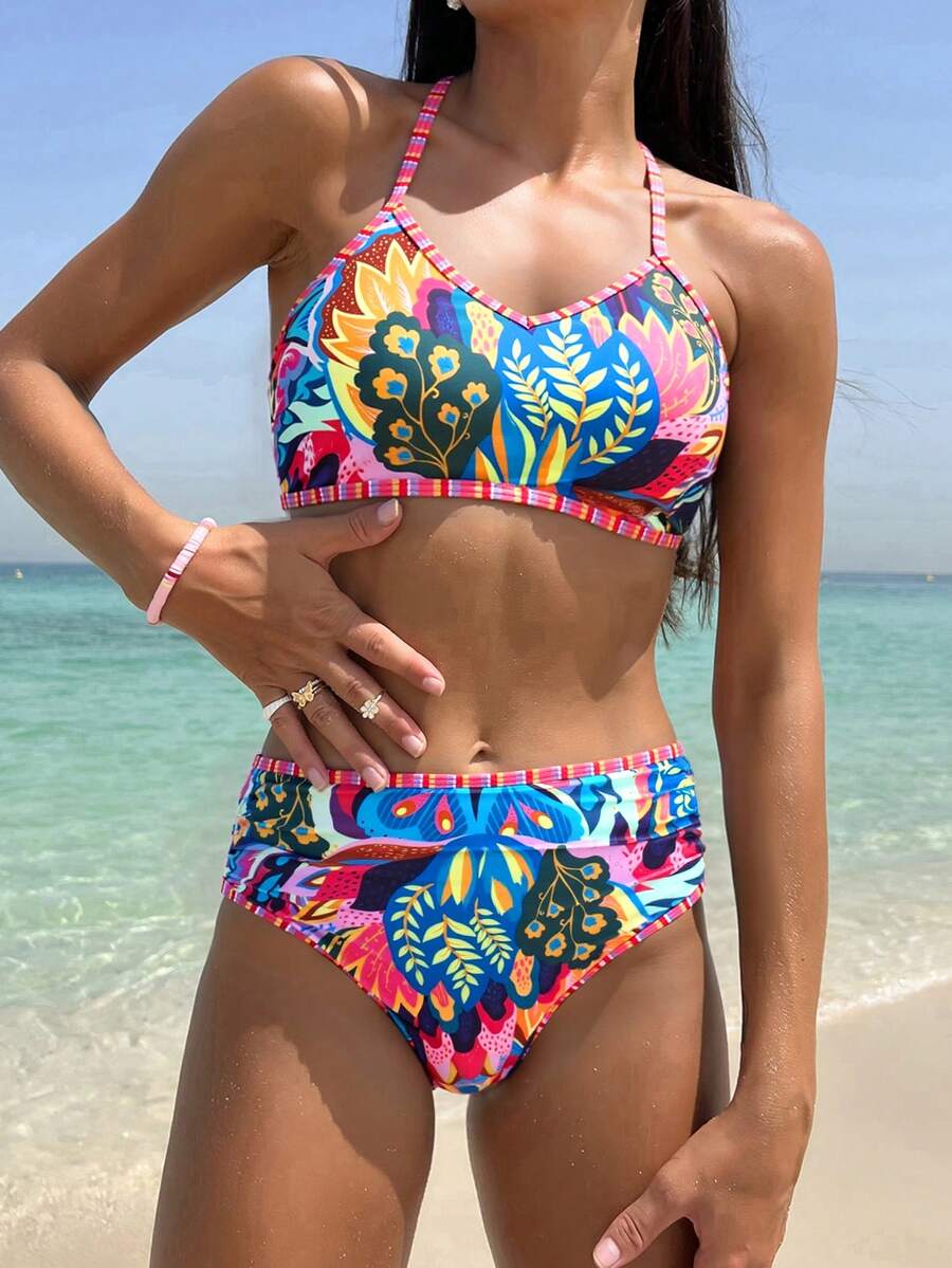 Swim Vcay 2pcs Beach Summer Outfits For Women, Random Print Camisole Top And High Waist Bikini Bottom Swimwear Set - Multicolor - View 1