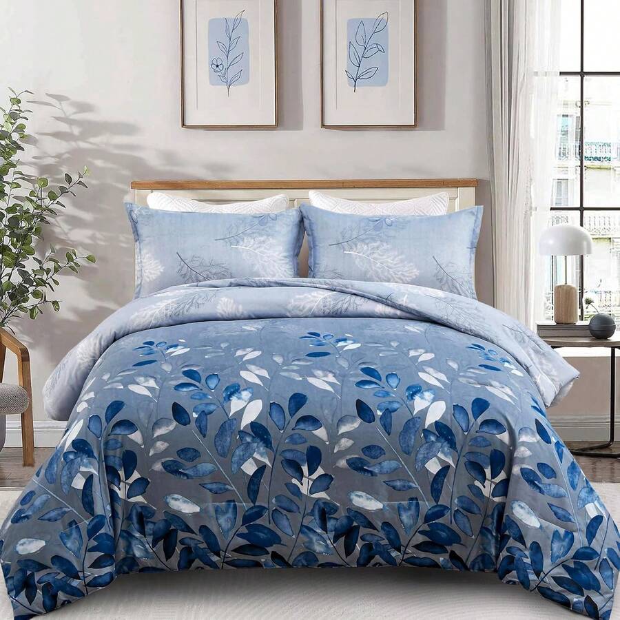 3 Pieces  Blue Leaves Reversible Comforter Set Double Queen King Size,  Bed In A Bag Comforter Set, Soft Lightweight Bedding Set (1 Comforter, 2 Pillowcases),Wedding Items,Valentines Day Home Bed Room Decor,Easter Ramadan Gifts, All Season - 藍色 - 查看 1