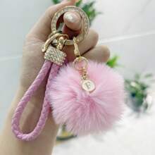 TTOBS 1pc Elegant Braided Leather Keychain With Fluffy Pompom Charm - Durable, Stylish & Versatile Women Key Holder - Multiple Colors, Perfect Car Owner Accessory, Fashionable Gift Idea