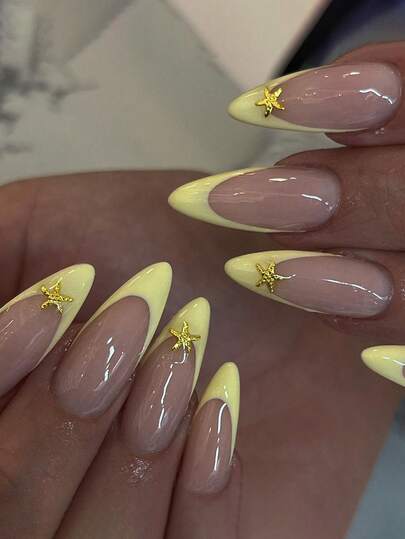 24 Pieces Almond Shaped French 3D Golden Starfish Fashion Design Press-On Nails For Enhancing Your Look, Suitable For Party, Date And Daily Wear Nail Supplies Nails