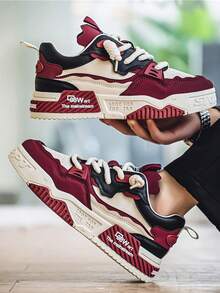 新款男士休闲小众低帮设计运动鞋，时尚拼色厚底运动鞋 - 酒紅色 - 查看 4