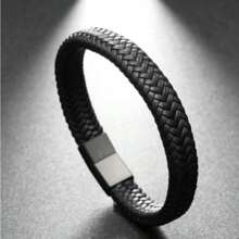 Elegant Men's Black Woven Faux Leather Bracelet With Smooth Metal Magnetic Clasp And Beaded Decoration - Casual Style Accessory Suitable For Casual Outfits
