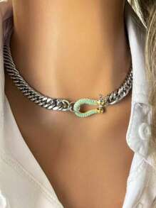 STYLEVER 1 PC Silvery Charm Pendant Necklace,Gold Lock Charm Necklace,Colorful Mountain Climbing Chain, Shackle Charm Necklace,Stainless Steel Chain,U-Shaped Horseshoe Necklace