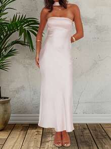Summer Fashion Solid Color, Strapless And Shoulder-Free Sleeveless Dress. - Pink - View 3
