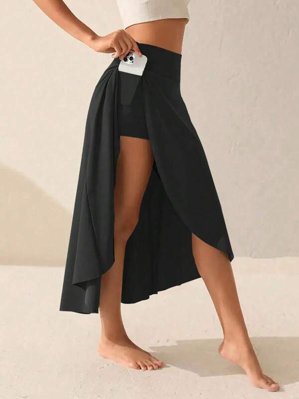 1pc Plus Size Women's Fashionable High Waist Side Slit Skirt, Multi-Functional Yoga/Pilates Skirt With Pockets, Summer