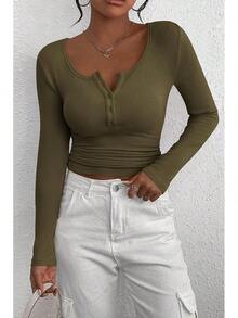 Women's 2025 Fall Long Sleeve Henley Shirts Button Ribbed Knit Casual Basic Tops Blouse - xanh quân đội - Xem 3