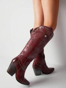 Knee High Cowboy Boots For Women Pointed Toe Chunky High Heels Pull-On Embroidered Boots Western Boots Wide Calf Cowgirl Boots - 紅色 - 查看 4