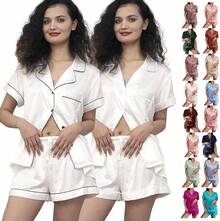 2 Pack: Silk XS-2XL Womens Satin Pajama Set Bride Soft Pj Lounge Sets Pjs Shorts Set Short Sleepwear - Pale Rose-3b - View 3