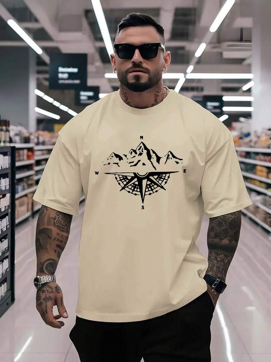 Plus Size Men's Summer Mountain Compass Letter Print Casual Round Neck Short Sleeve T-Shirt - Apricot - View 1