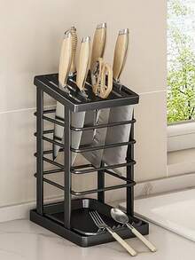 1pc Stainless Steel Knife Holder, Kitchen Countertop Knife Rack With Drip Tray, Storage For Various Knives, Waterproof & Rust-Resistant