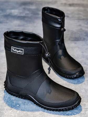 German Style Men's Short Rain Boots, Drawstring Closure Waterproof Shoes For Kitchen, Outdoor Work, Car Washing, Fishing, Camping, Beach, Solid Color Outdoor TPR (Thermoplastic Rubber) Rain Boots, All Season