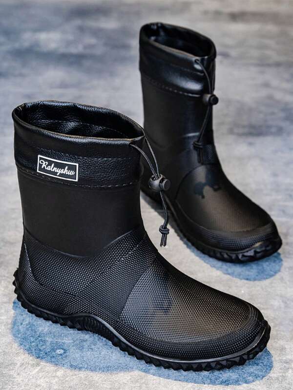 German Style Men's Short Rain Boots, Drawstring Closure Waterproof Shoes For Kitchen, Outdoor Work, Car Washing, Fishing, Camping, Beach, Solid Color Outdoor TPR (Thermoplastic Rubber) Rain Boots, All Season