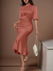 Women's Spring Summer Temperament Solid Color Short Sleeved Wrap Buttocks Fish Tail Dress - Coral Orange - View 4