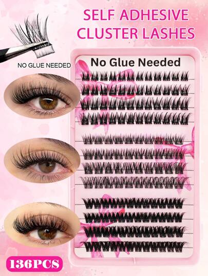 136Pcs C Curl Self Adhesive Individual Cluster Lashes DIY Lash Extension Set Press On Segmented Lashes No Glue Needed Spikes Eyelashes Extension Lash Clusters, Eyelash Clusters, Individual Eyelashes, Lashes, Fake Lashes