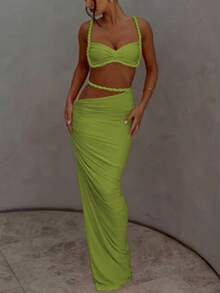 Conjunto de camiseta sin espalda y falda larga plisada de color verde neón sexy para mujer, conjunto elegante para vacaciones de verano - Verde - Ver 4