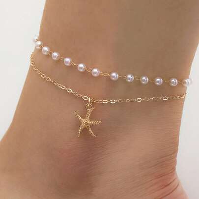 1 pieza Tobillera de doble capa con estrella de mar y perlas falsas, estilo resort de playa, adecuada para uso diario, regalo, accesorio de moda