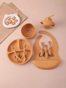 9PCS Personalized Customization Name Baby Silicone Tableware Dinner Sets Mini Utensils Suction Plate Bowl Sippy Cup Portable Spoon Fork Adjustable Bib, Baby Shower Gift, Self-Feeding Set - Multicolor - View 4