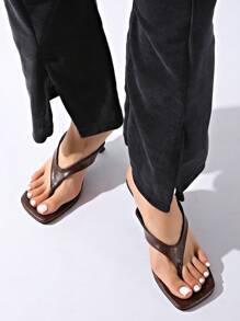 High Heel Flip Flops, New 2025 European And American Style Square Toe Thong Sandals, Thin Heels