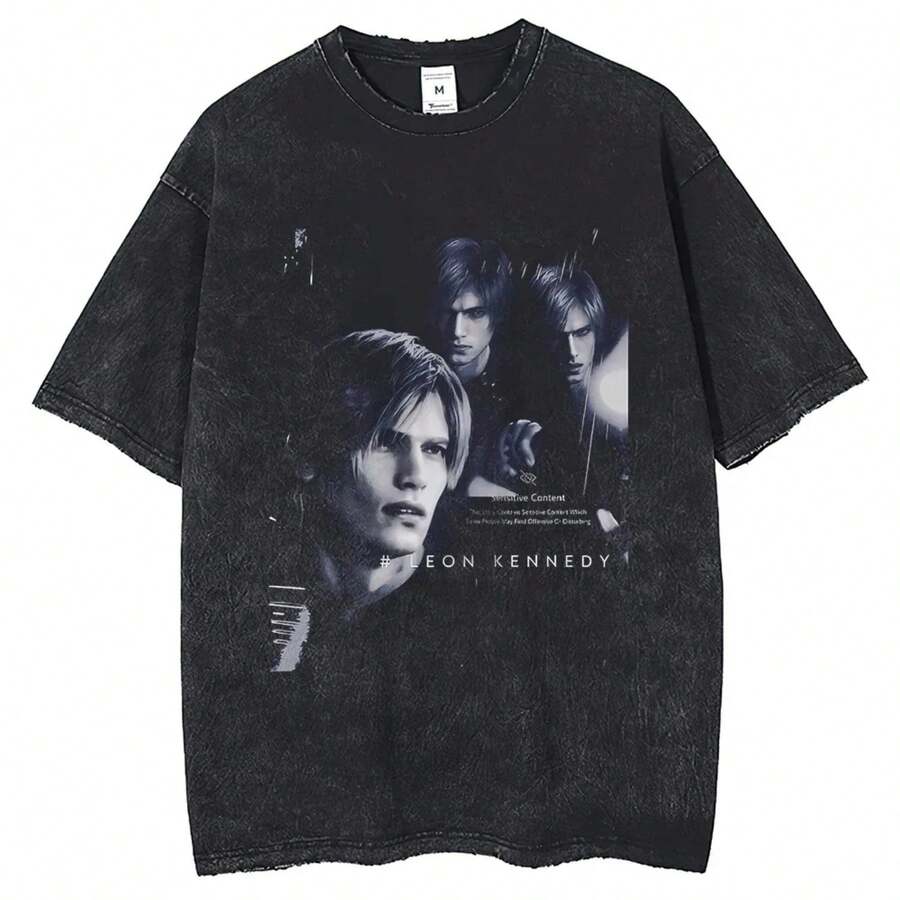 Plus-Size Friend Game Leon S Kennedy Portrait Printed Short Sleeve Shirt 2024 Harajuku Summer Vintage Wash 250G Cotton WoMen's - 黑色 - 查看 1