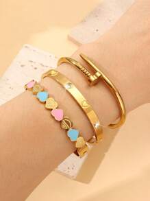 3pcs/Set 18k Gold Plated Stainless Steel 5-Flower Design Bangle Bracelet For Women, Summer Fashion , CZ Decorated, Waterproof & Fade Resistant, Suitable For Daily Wear, Parties And Gifts For Female Relatives & Friends