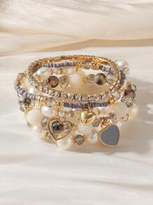 5 Stücke Set Damen Perlenarmband mit Herzanhänger, Strass-Gummiband-Armband, elegantes Perlenarmband, Alltagszubehör