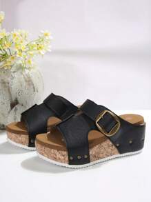 Plus Size Women's Outdoor Peep Toe Single Buckle Decor Soft Bottom Comfortable Platform Wedge Sandals, European & American Style, Summer