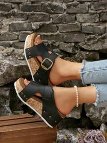 Plus Size Women's Outdoor Peep Toe Single Buckle Decor Soft Bottom Comfortable Platform Wedge Sandals, European & American Style, Summer