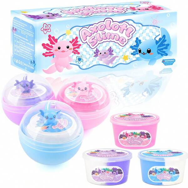 3 paquetes de Kit de Slime de Ajolote, Slime de Mantequilla Azul, Slime de Nube Morada, Slime Crujiente Rosa con Encantos de Ajolote, Suave, Elástico, Favor de Fiesta de Slime, Recompensas de Aula, Regalos de Cumpleaños