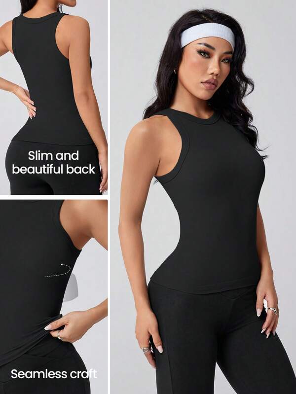 Women's Seamless Knit Basic Racerback Tank Top, Rib Knit High Stretch Casual Outdoor Long Length
