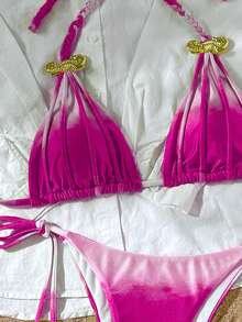 Bikinx Conjunto de bikini 2025 para mujer con bralette de triángulo con estampado degradado y Bottom anudada a los lados