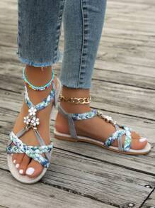 WRCVS Gray Women's Sandals, Summer Women's Flat Sandals, Retro Shoes, Handmade Beaded Sandals, Woven Strap Flat Shoes, Lightweight Anti-Slip Beach Vacation Floral Patterned Outdoor Sandals